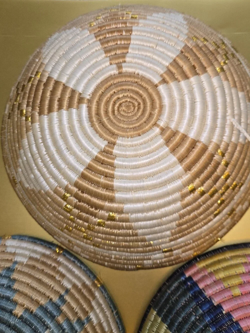 Set of 3 Handcrafted African Woven Wall Decor Baskets Metallic Colorful